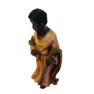 Handcrafted 5" Resin Figurine Of Shepherd Boy Holding Staff In Orange Robes 5"
